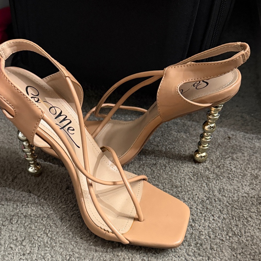 So Me Nude Strappy Heels with Gold Accents